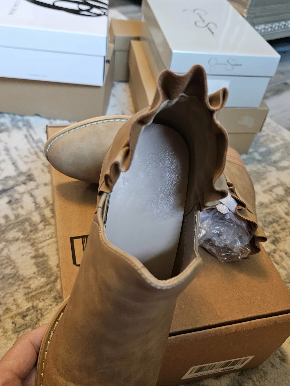 Women’s Taupe Ruffle-Trim Ankle Booties